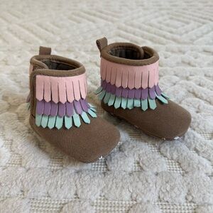 Robeez Baby Fringe Booties Brown Leather Pink Purple 3-6M Boho